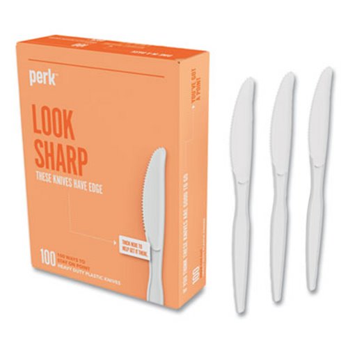 100/Pack Perk Heavyweight Plastic Cutlery, Knives, White,