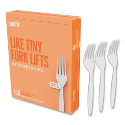 100/Pack Perk Heavyweight Plastic Cutlery, Fork, White,
